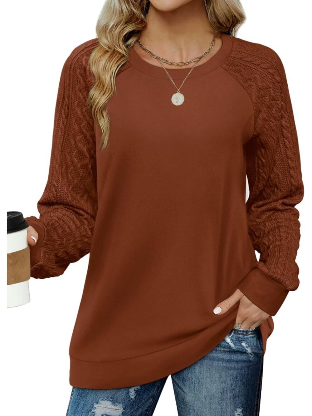 Lightweight Women's Loose Fit Sweatshirt with Cable Knit Sleeves - Cozy Fashion
